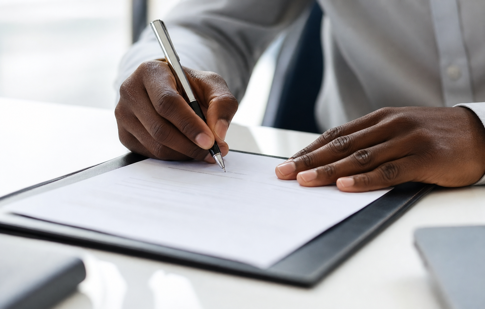 Hands signing a business document